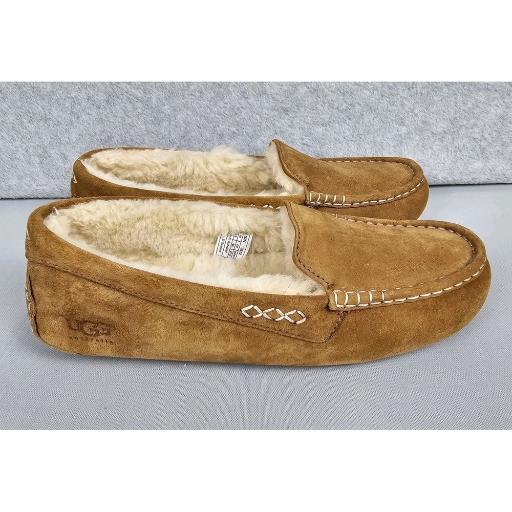 UGG Australia Ansley Suede Leather Moccasin Slippers Chestnut Brown Women's 11